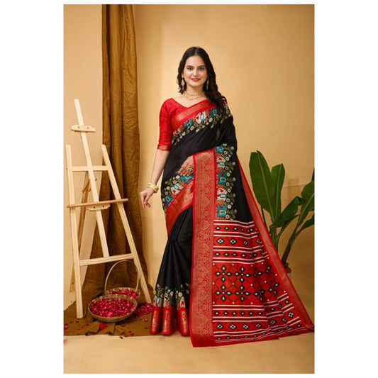 Women's Soft Dola Cotton Kalamkari Printed Saree With Unstitched Blouse 5.5Mtr (Black)
