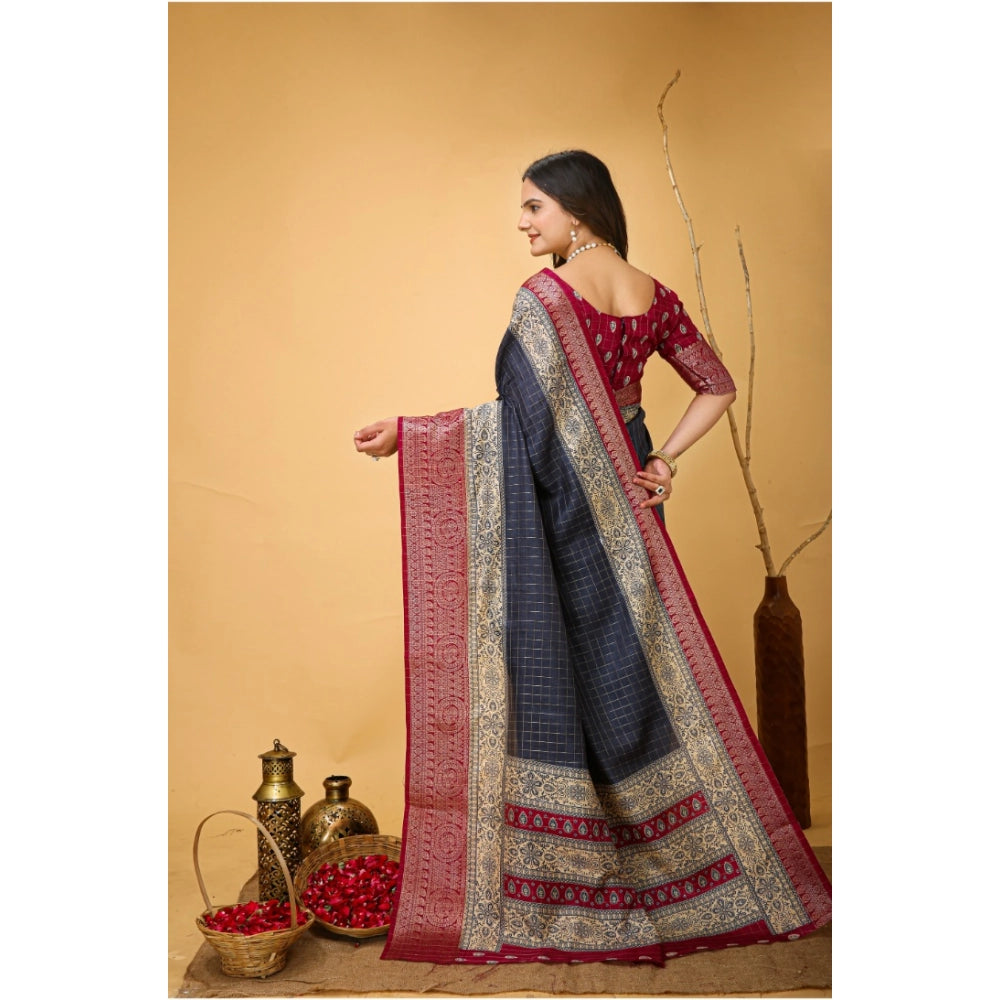 Women's Soft Dola Cotton Kalamkari Printed Saree With Unstitched Blouse 5.5Mtr (Grey)