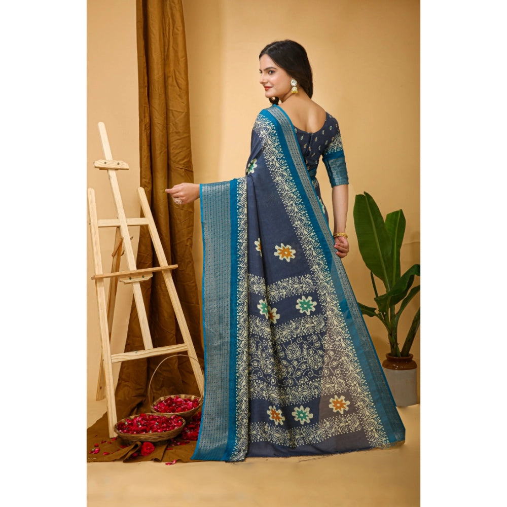 Women's Soft Blooming Marshmallow Fabric Kalamkari Printed Saree With Unstitched Blouse 5.5Mtr (Grey)