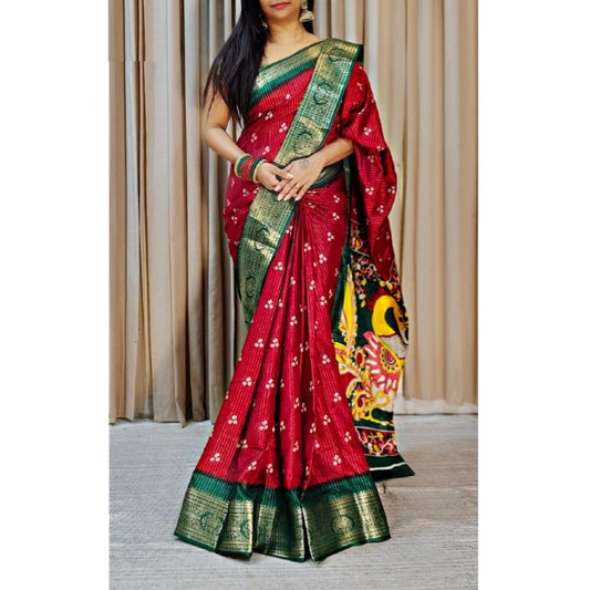 Women's Soft Dola Cotton Kalamkari Printed Saree With Unstitched Blouse 5.5Mtr (Red)