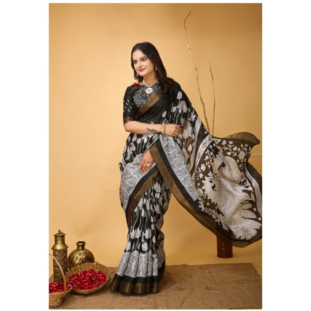 Women's Soft Handloom Cotton Kalamkari Printed Saree With Unstitched Blouse 5.5Mtr (Black)