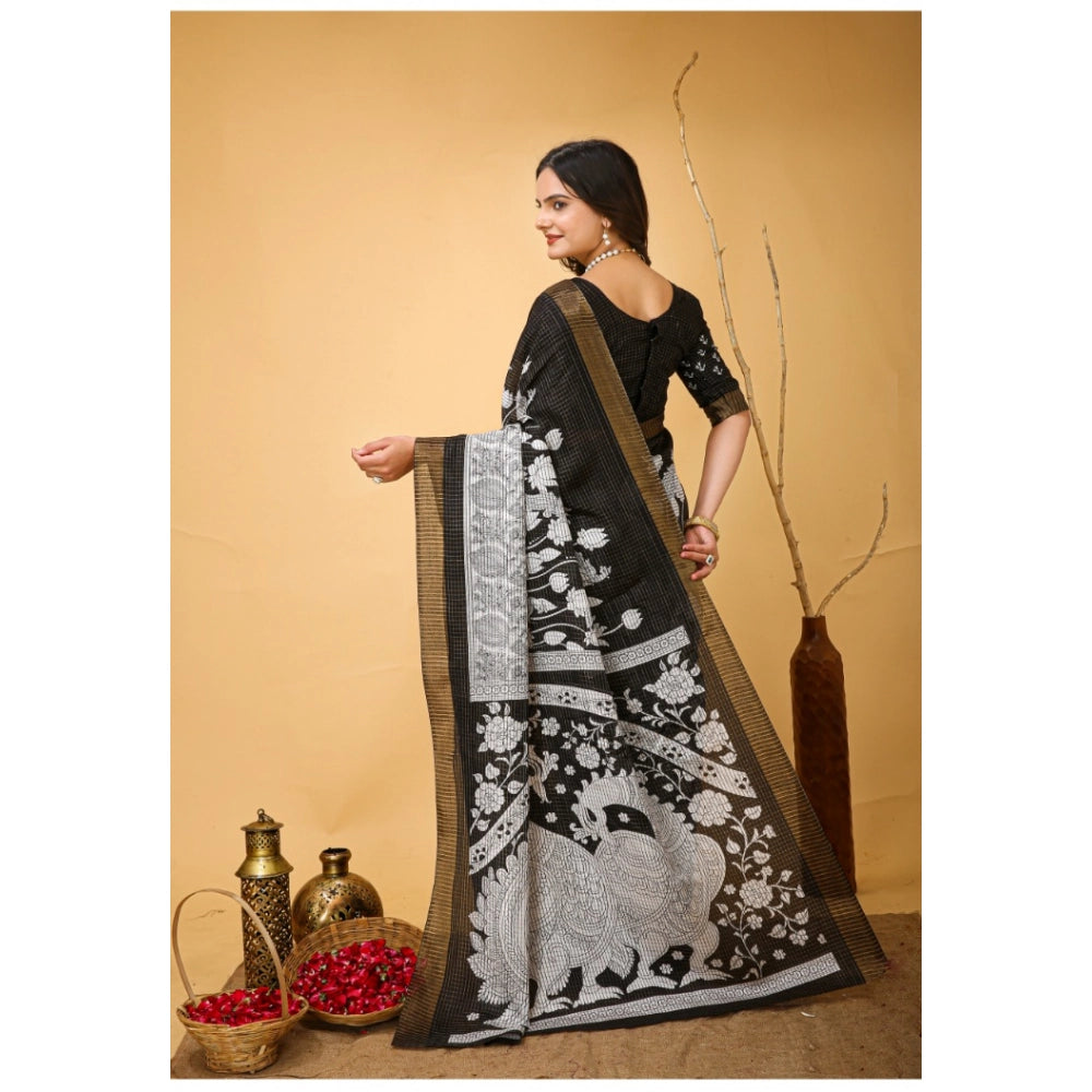 Women's Soft Handloom Cotton Kalamkari Printed Saree With Unstitched Blouse 5.5Mtr (Black)