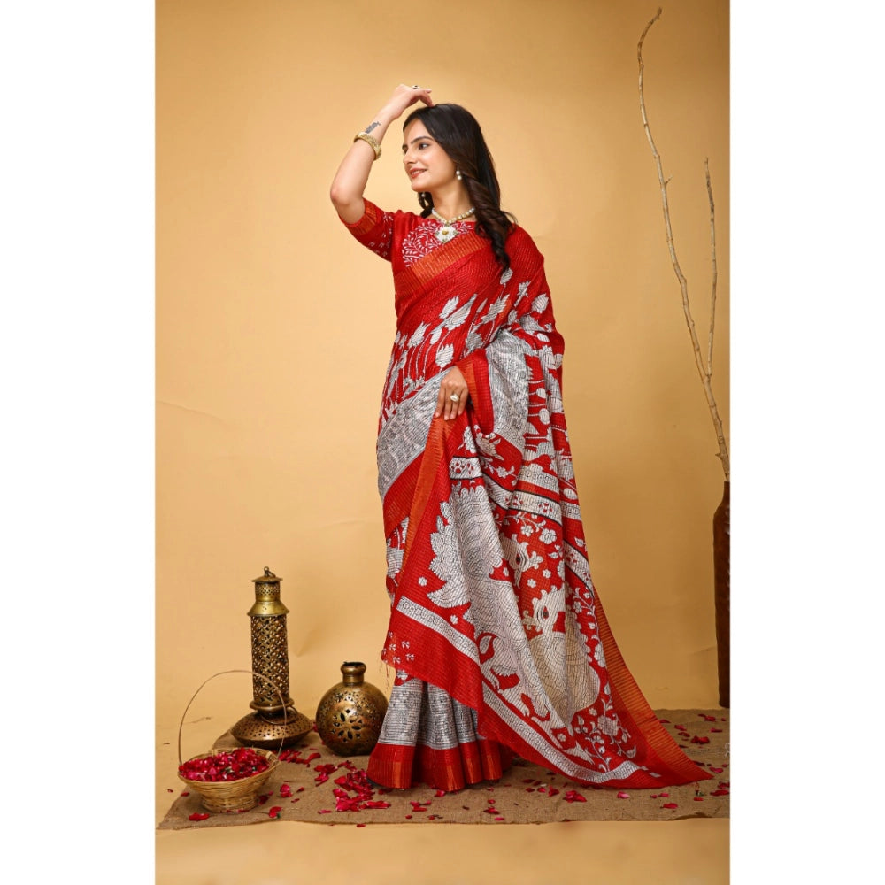 Women's Soft Handloom Cotton Kalamkari Printed Saree With Unstitched Blouse 5.5Mtr (Red)