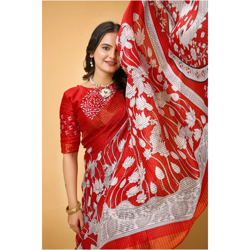 Women's Soft Handloom Cotton Kalamkari Printed Saree With Unstitched Blouse 5.5Mtr (Red)