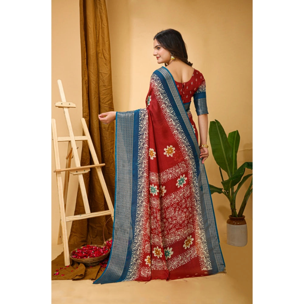 Women's Soft Blooming Marshmallow Fabric Kalamkari Printed Saree With Unstitched Blouse 5.5Mtr (Red)