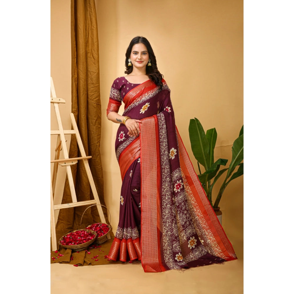 Women's Soft Blooming Marshmallow Fabric Kalamkari Printed Saree With Unstitched Blouse 5.5Mtr (Wine)
