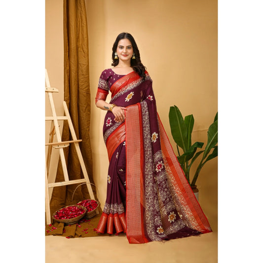 Women's Soft Blooming Marshmallow Fabric Kalamkari Printed Saree With Unstitched Blouse 5.5Mtr (Wine)
