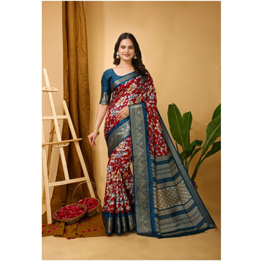 Women's Soft Dola Cotton Kalamkari Printed Saree With Unstitched Blouse 5.5Mtr (Red)