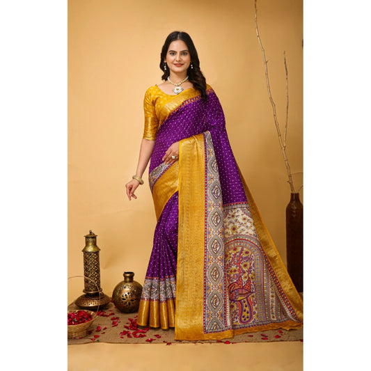 Women's Soft Dola Cotton Kalamkari Printed Saree With Unstitched Blouse 5.5Mtr (Purple)