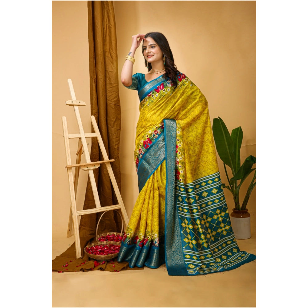 Women's Soft Dola Cotton Kalamkari Printed Saree With Unstitched Blouse 5.5Mtr (Yellow)