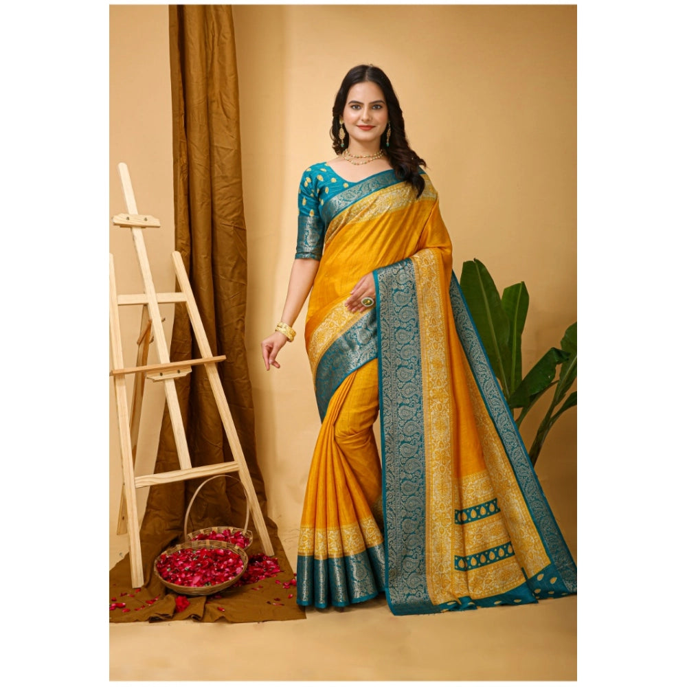 Women's Soft Dola Cotton Kalamkari Printed Saree With Unstitched Blouse 5.5Mtr (Yellow)