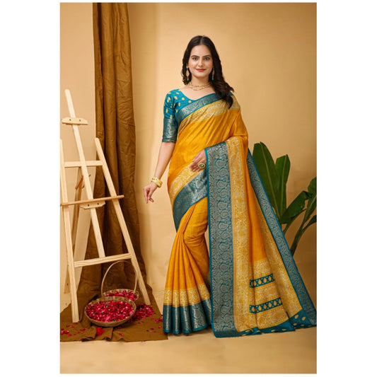 Women's Soft Dola Cotton Kalamkari Printed Saree With Unstitched Blouse 5.5Mtr (Yellow)