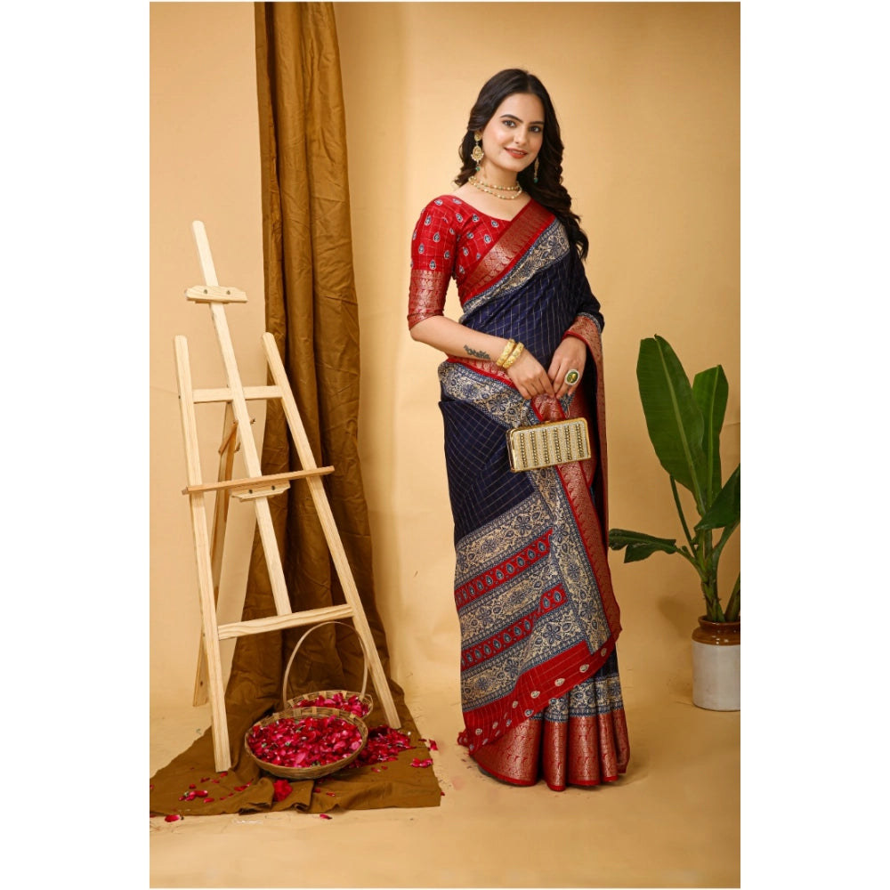 Women's Soft Dola Cotton Kalamkari Printed Saree With Unstitched Blouse 5.5Mtr (Navy Blue)