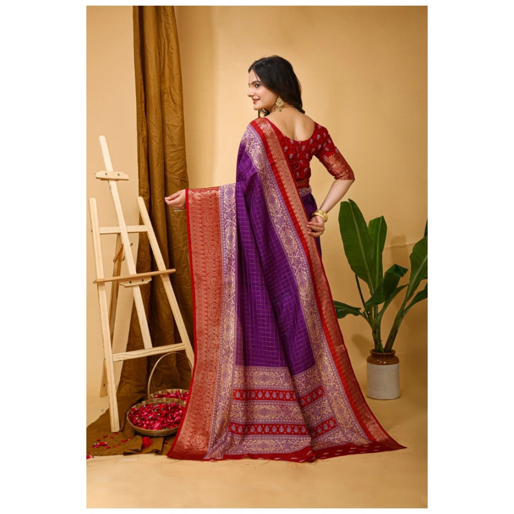 Women's Soft Dola Cotton Kalamkari Printed Saree With Unstitched Blouse 5.5Mtr (Purple)