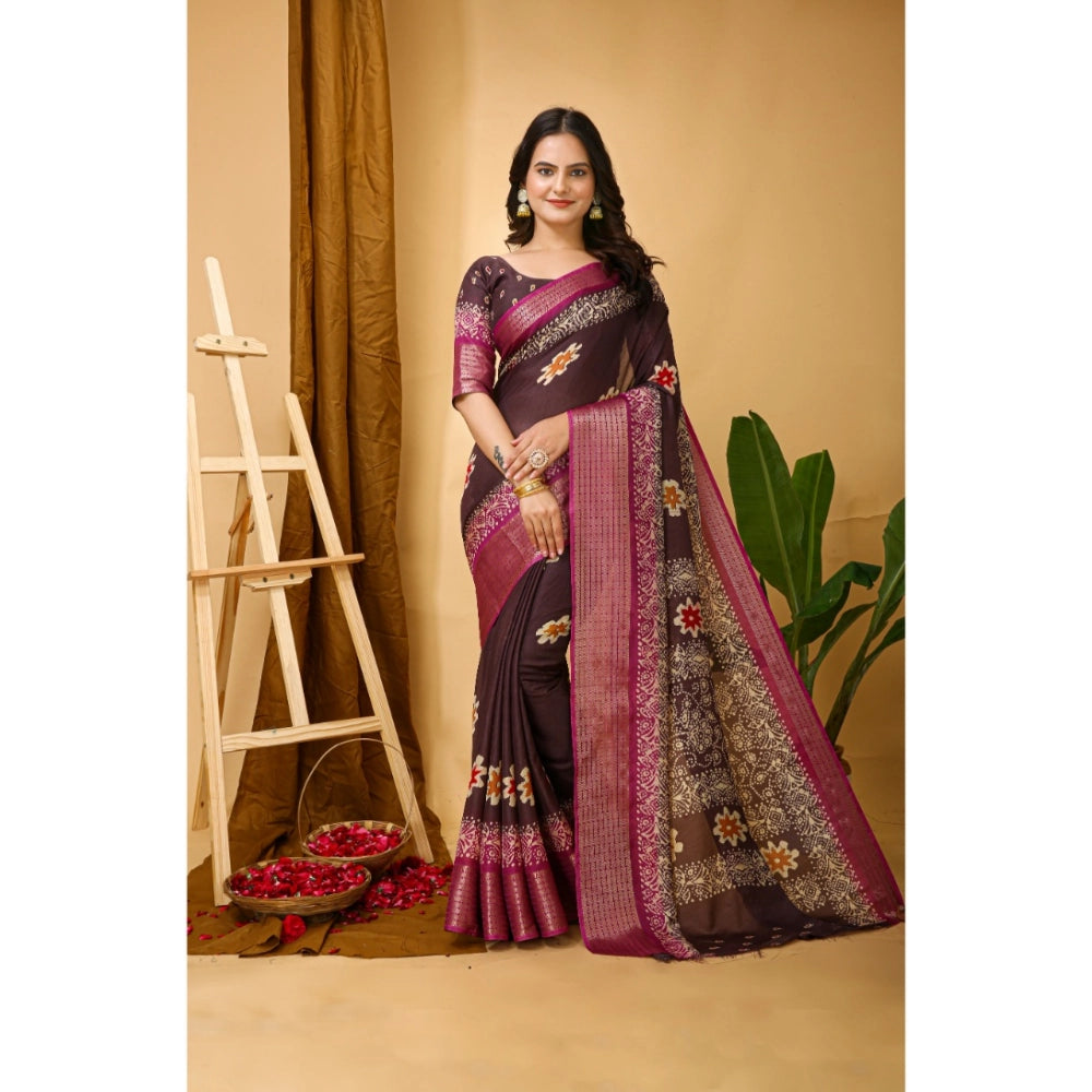 Women's Soft Blooming Marshmallow Fabric Kalamkari Printed Saree With Unstitched Blouse 5.5Mtr (Maroon)