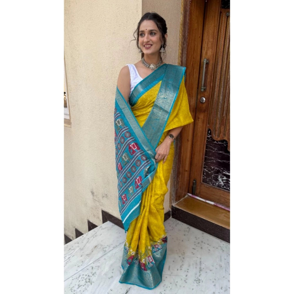 Women's Soft Dola Cotton Kalamkari Printed Saree With Unstitched Blouse 5.5Mtr (Mustard)