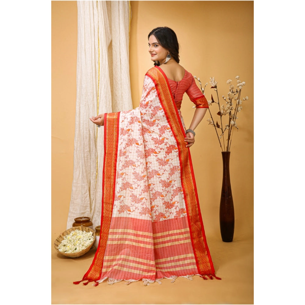 Women's Soft Cotton Silk Printed Saree With Unstitched Blouse 5.5Mtr (Red)
