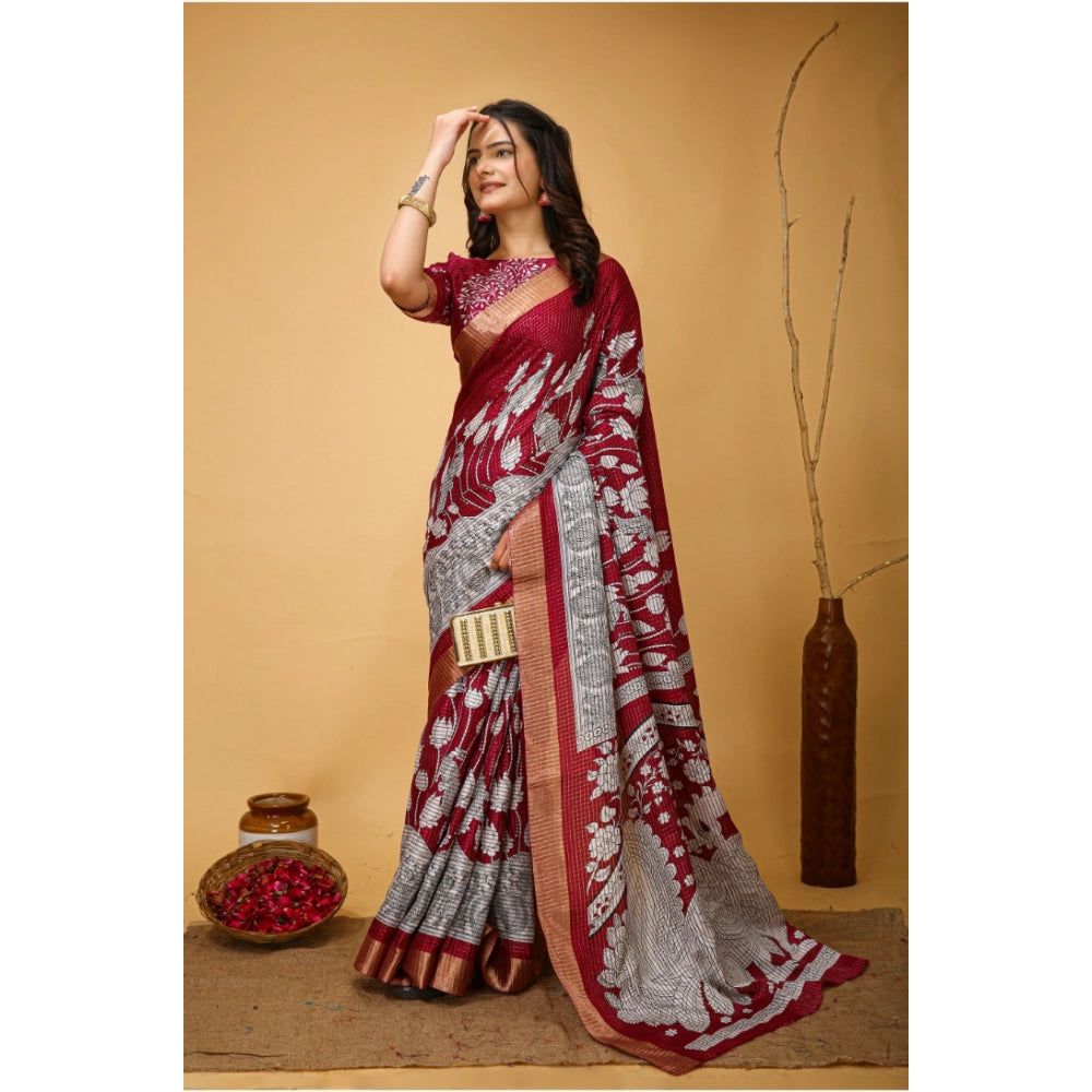 Women's Soft Handloom Cotton Kalamkari Printed Saree With Unstitched Blouse 5.5Mtr (Maroon)