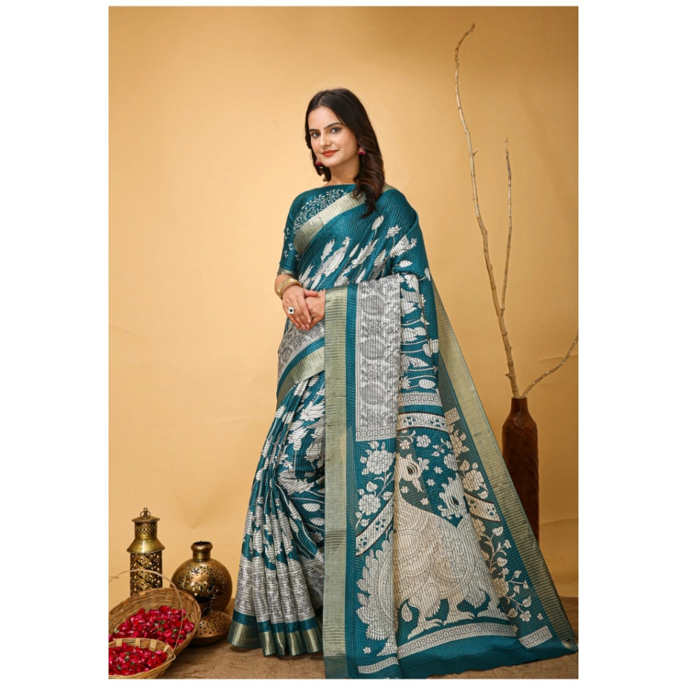 Women's Soft Handloom Cotton Kalamkari Printed Saree With Unstitched Blouse 5.5Mtr (Turquoise)