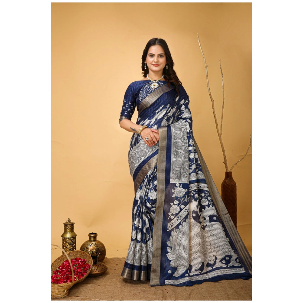 Women's Soft Handloom Cotton Kalamkari Printed Saree With Unstitched Blouse 5.5Mtr (Blue)