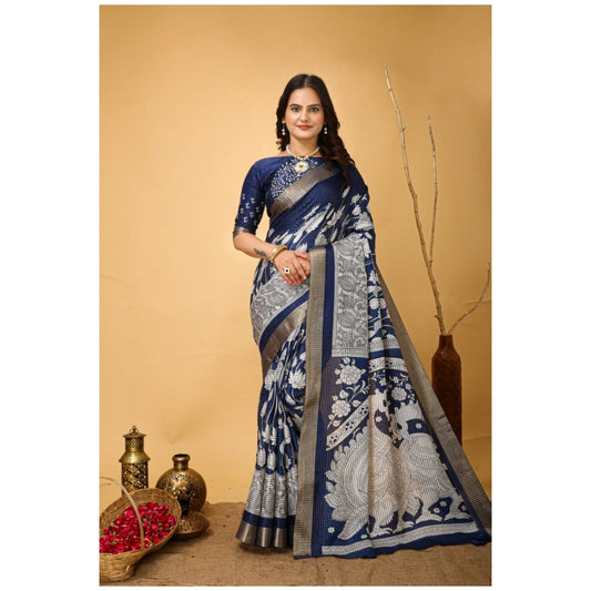 Women's Soft Handloom Cotton Kalamkari Printed Saree With Unstitched Blouse 5.5Mtr (Blue)