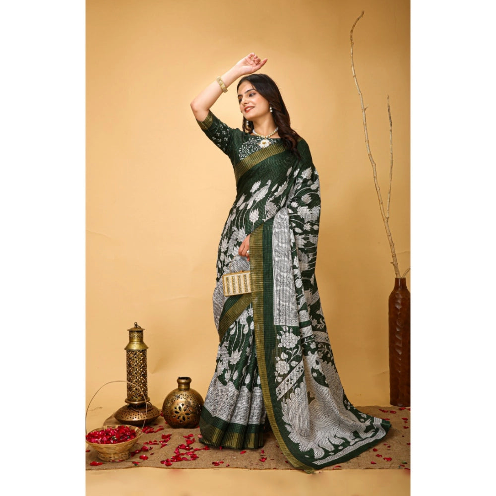 Women's Soft Handloom Cotton Kalamkari Printed Saree With Unstitched Blouse 5.5Mtr (Green)