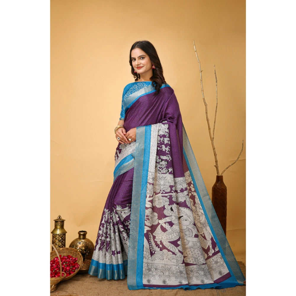 Women's Soft Handloom Cotton Kalamkari Printed Saree With Unstitched Blouse 5.5Mtr (Purple)