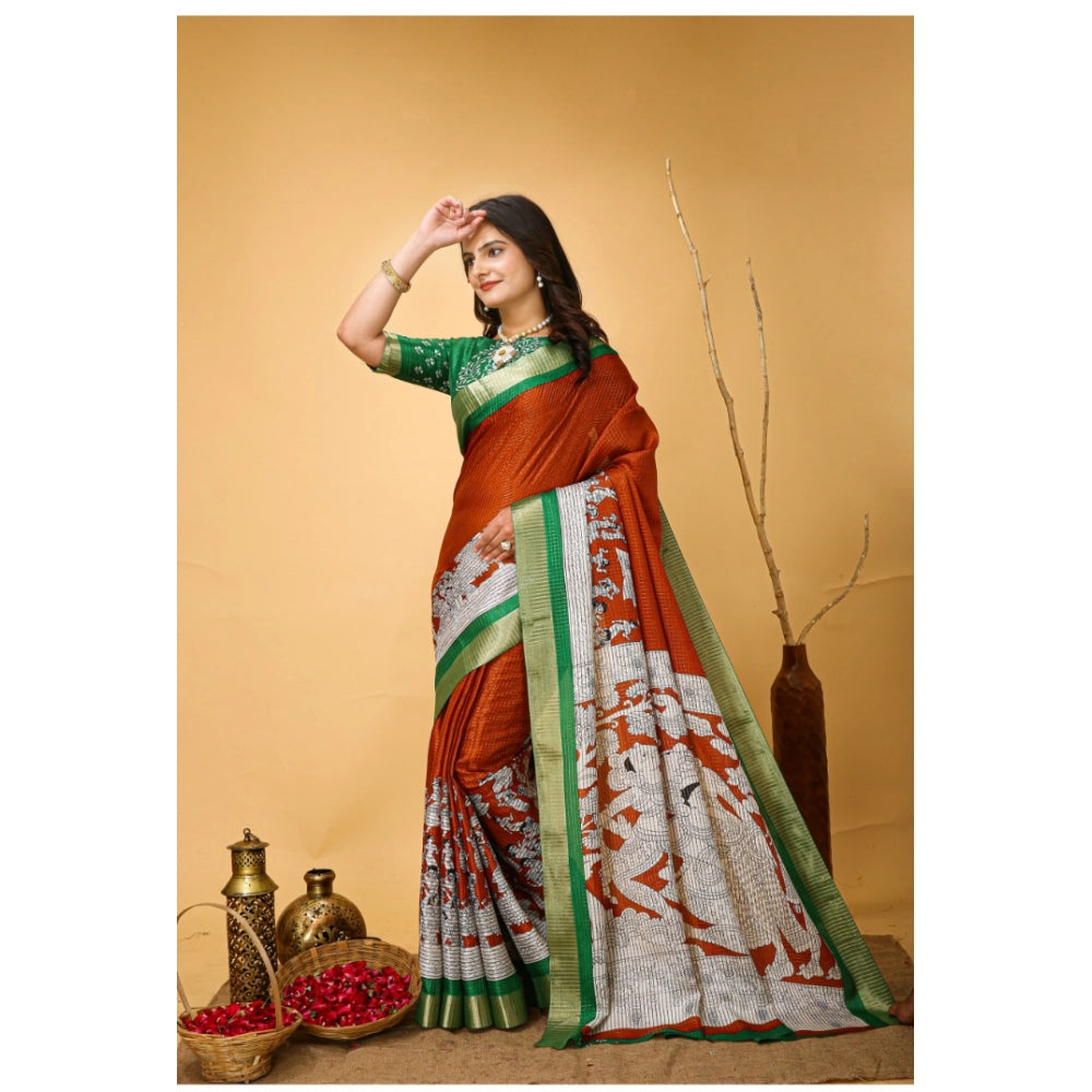 Women's Soft Handloom Cotton Kalamkari Printed Saree With Unstitched Blouse 5.5Mtr (Orange)