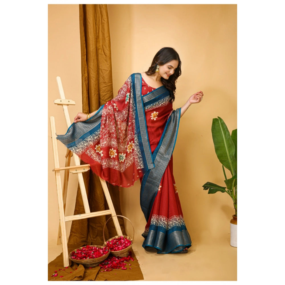 Women's Soft Blooming Marshmallow Fabric Kalamkari Printed Saree With Unstitched Blouse 5.5Mtr (Red)