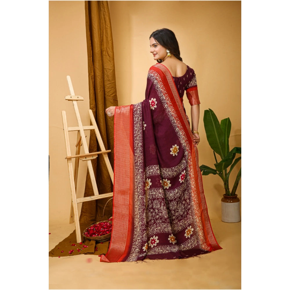Women's Soft Blooming Marshmallow Fabric Kalamkari Printed Saree With Unstitched Blouse 5.5Mtr (Wine)