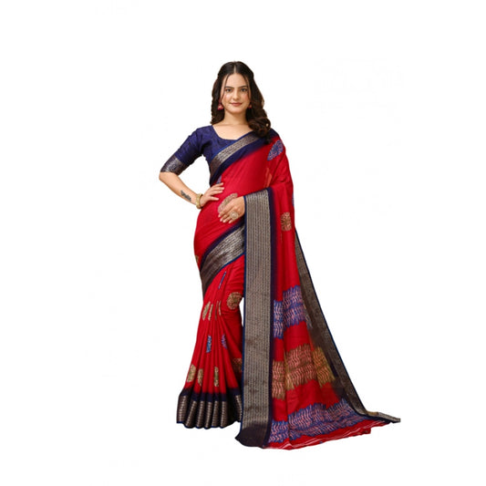 Women's Soft Blooming Marshmallow Fabric Kalamkari Printed Saree With Unstitched Blouse 5.5Mtr (Red)