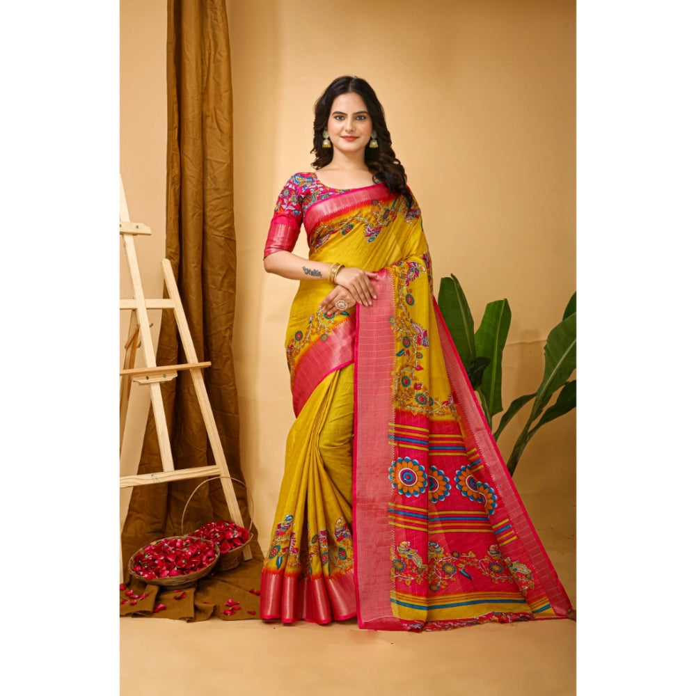 Women's Soft Dola Cotton Kalamkari Printed Saree With Unstitched Blouse 5.5Mtr (Yellow)