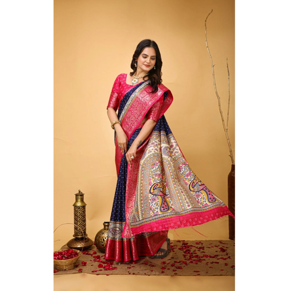 Women's Soft Dola Cotton Kalamkari Printed Saree With Unstitched Blouse 5.5Mtr (Navy Blue)