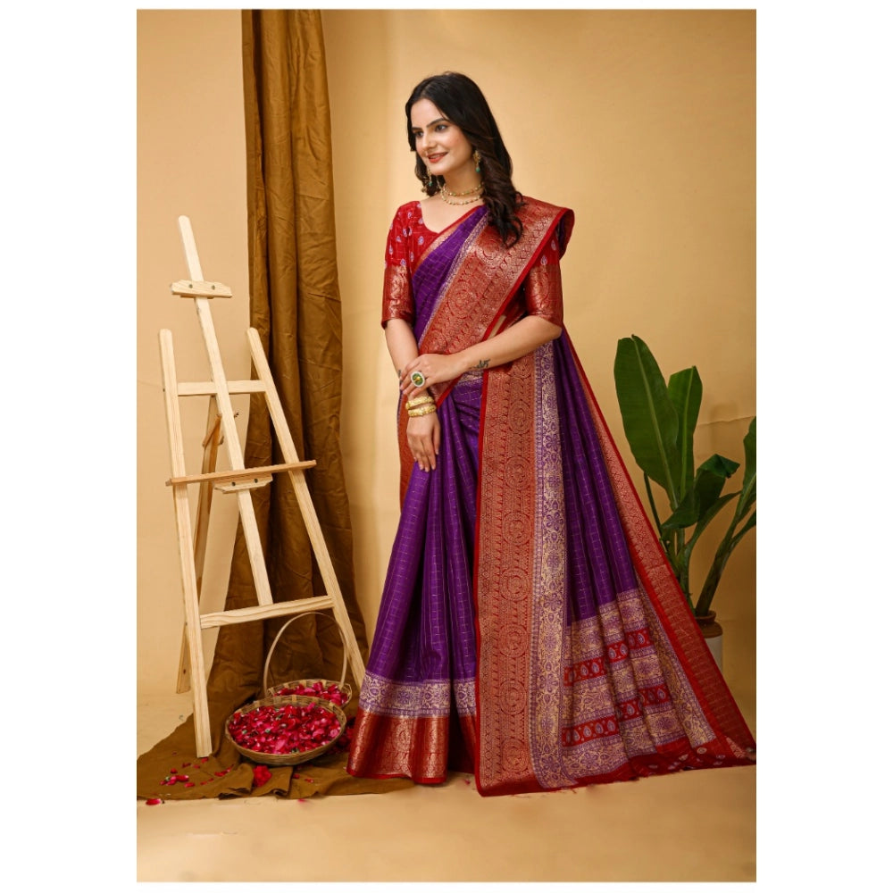 Women's Soft Dola Cotton Kalamkari Printed Saree With Unstitched Blouse 5.5Mtr (Purple)