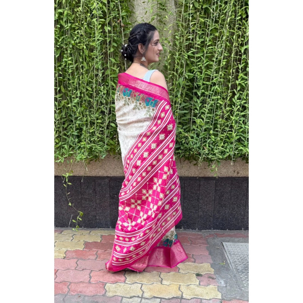 Women's Soft Dola Cotton Kalamkari Printed Saree With Unstitched Blouse 5.5Mtr (White)