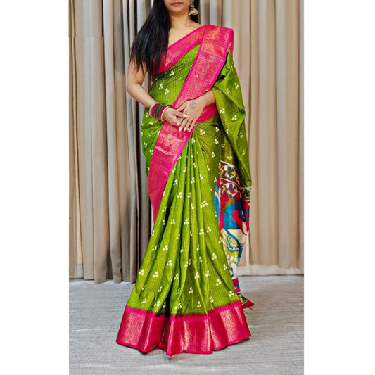 Women's Soft Dola Cotton Kalamkari Printed Saree With Unstitched Blouse 5.5Mtr (Green)