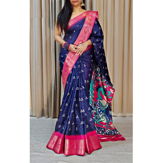 Women's Soft Dola Cotton Kalamkari Printed Saree With Unstitched Blouse 5.5Mtr (Navy Blue)