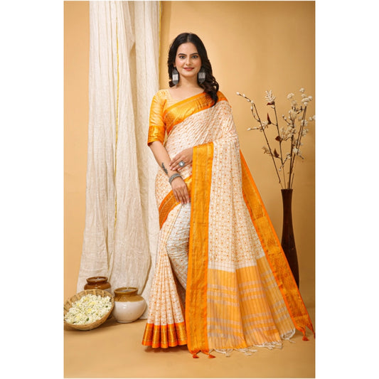Women's Soft Cotton Silk Printed Saree With Unstitched Blouse 5.5Mtr (Yellow)