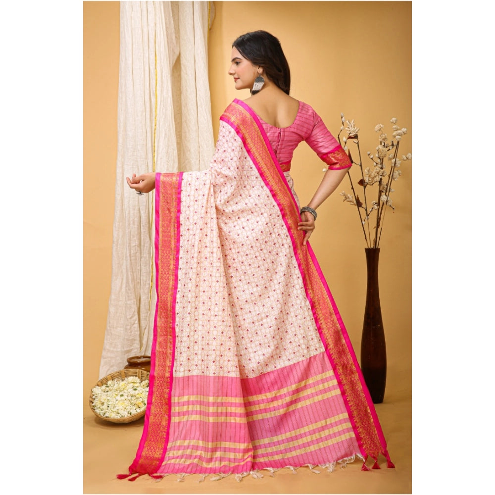 Women's Soft Cotton Silk Printed Saree With Unstitched Blouse 5.5Mtr (Pink)