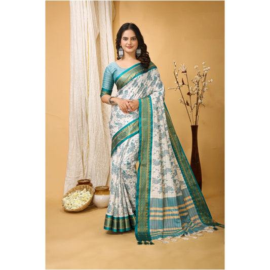Women's Soft Cotton Silk Printed Saree With Unstitched Blouse 5.5Mtr (Turquoise)