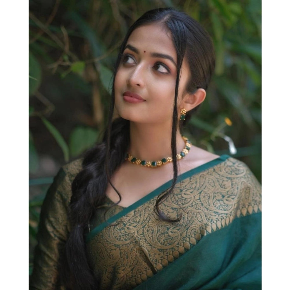 Women's Soft Lichi Silk Solid Saree With Unstitched Blouse 5.5Mtr (Green)