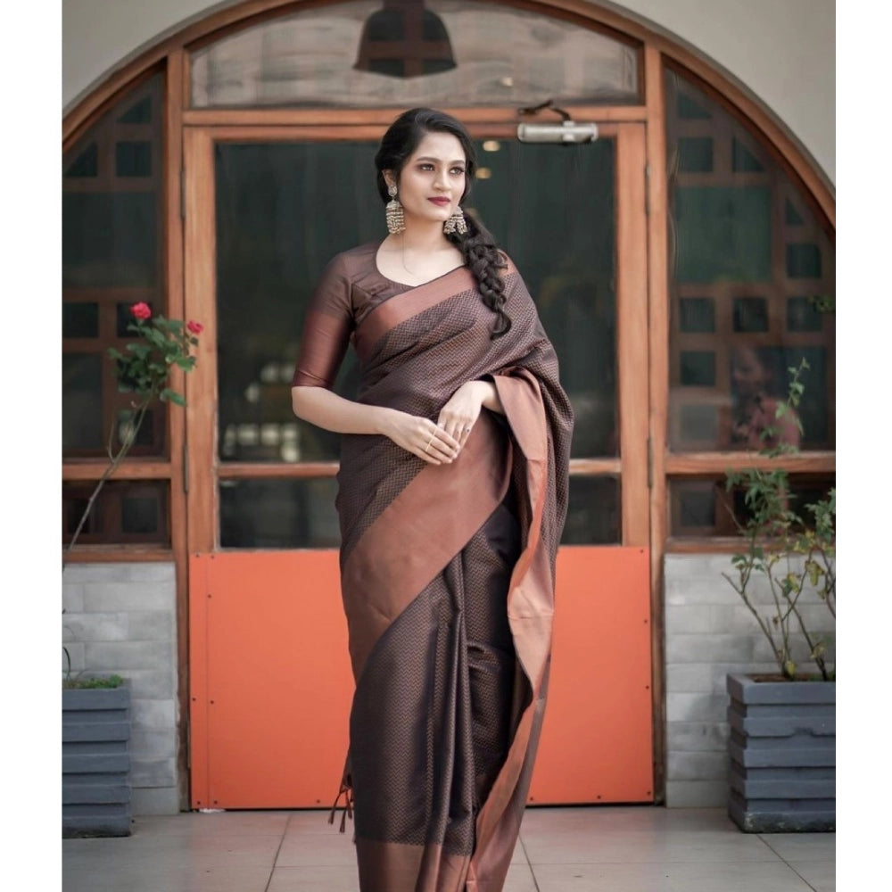 Women's Soft Lichi Silk Printed Saree With Unstitched Blouse 5.5Mtr (Brown)