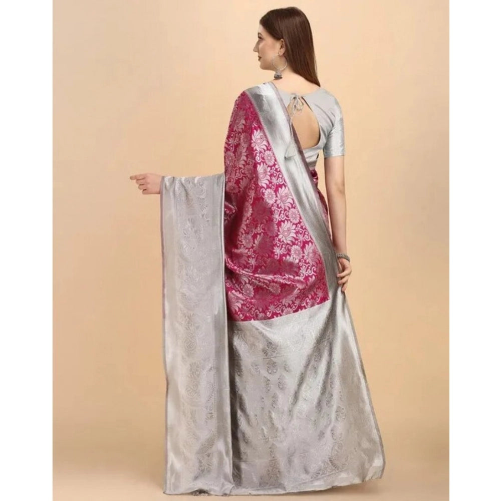 Women's Soft Lichi Silk Printed Saree With Unstitched Blouse 5.5Mtr (Pink)