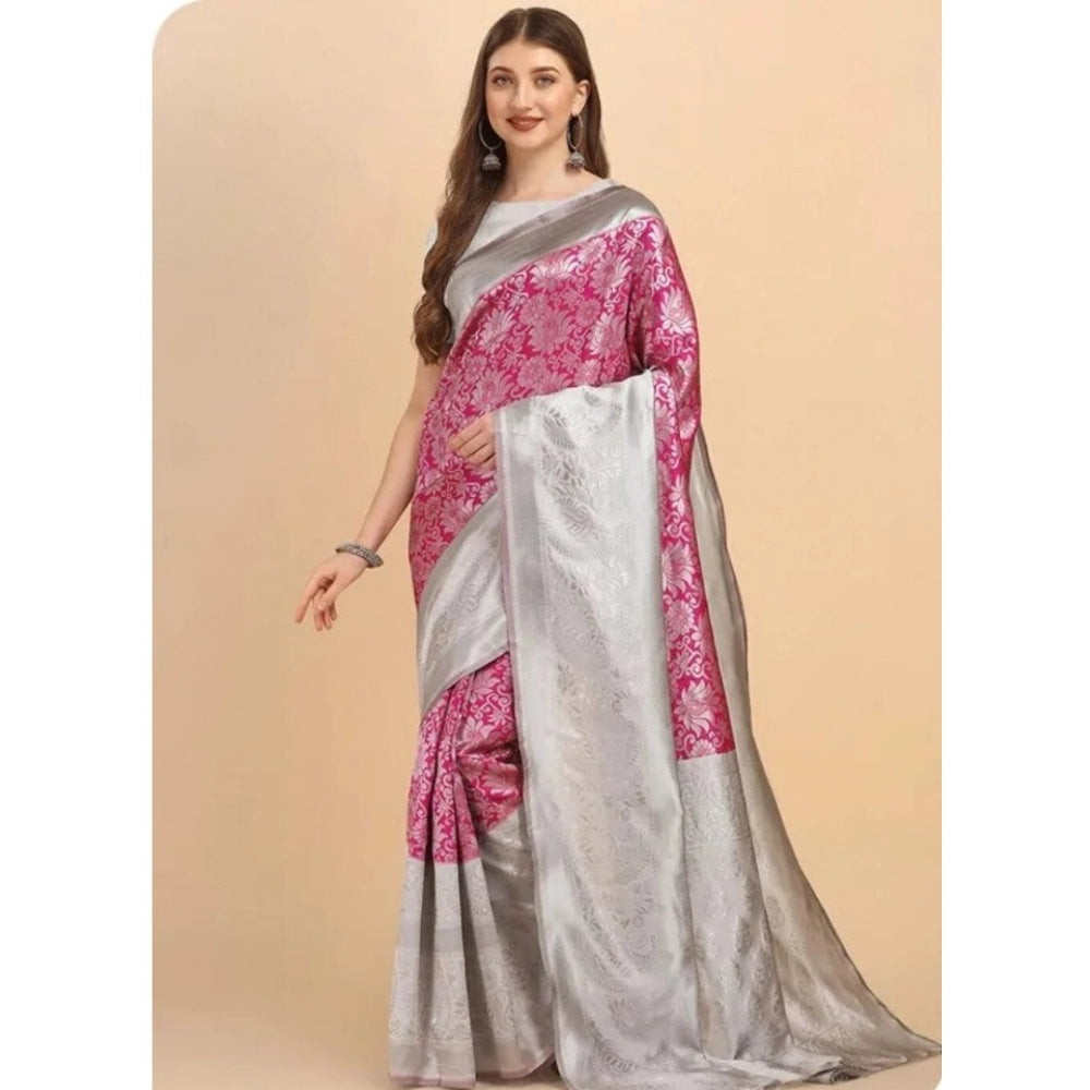 Women's Soft Lichi Silk Printed Saree With Unstitched Blouse 5.5Mtr (Pink)