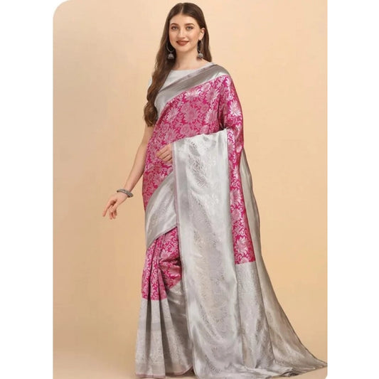 Women's Soft Lichi Silk Printed Saree With Unstitched Blouse 5.5Mtr (Pink)
