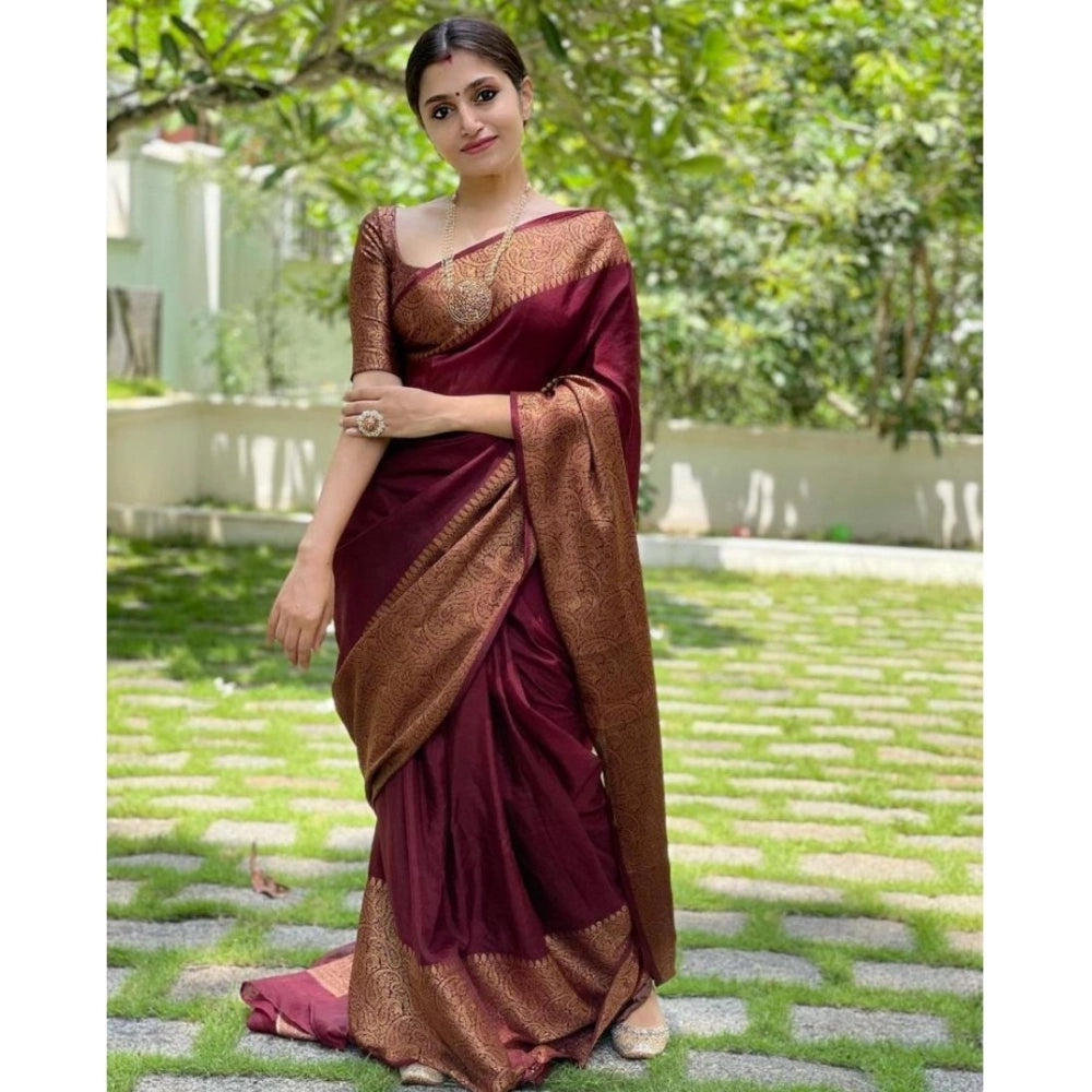 Women's Soft Lichi Silk Solid Saree With Unstitched Blouse 5.5Mtr (Maroon)