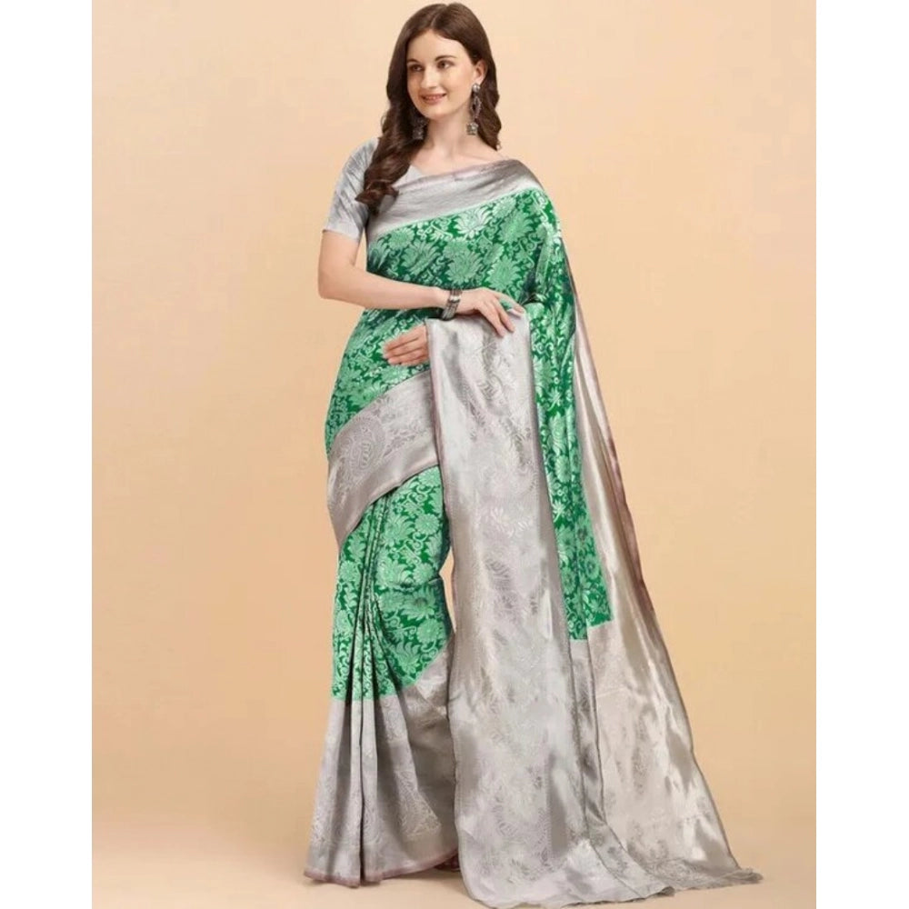 Women's Soft Lichi Silk Printed Saree With Unstitched Blouse 5.5Mtr (Green)