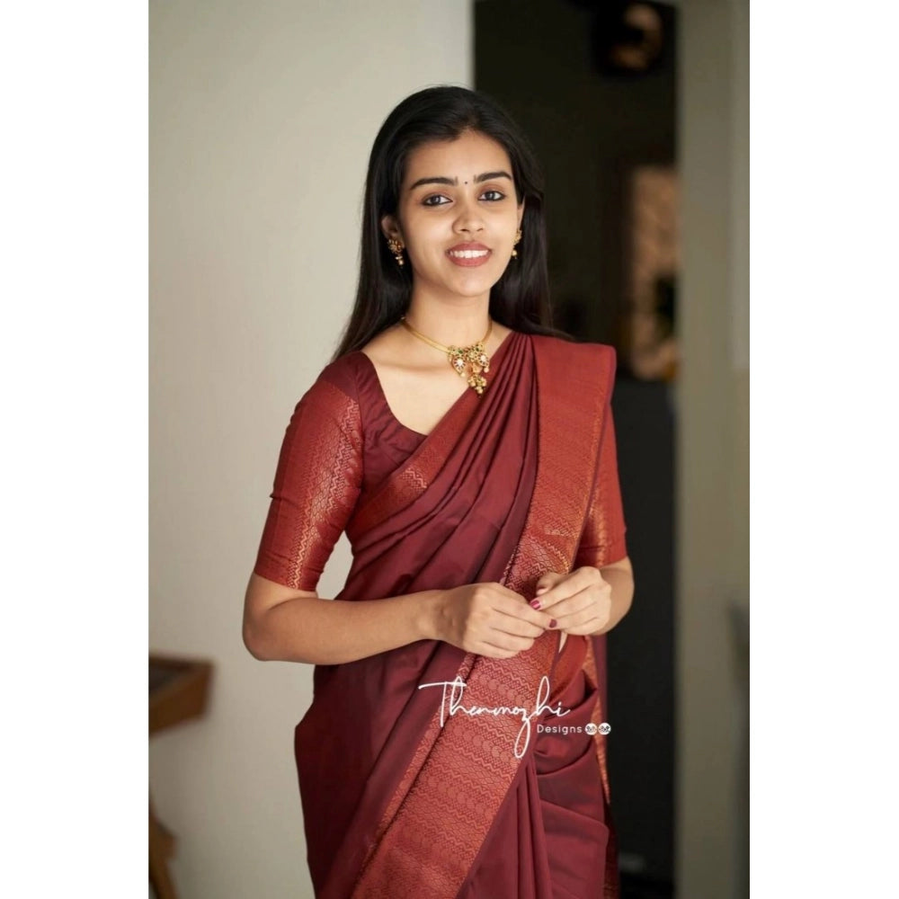 Women's Soft Lichi Silk Solid Saree With Unstitched Blouse 5.5Mtr (Maroon)