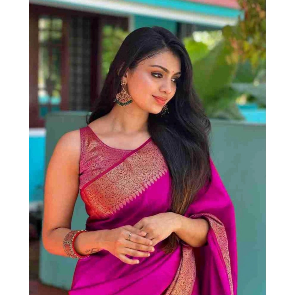 Women's Soft Lichi Silk Solid Saree With Unstitched Blouse 5.5Mtr (Pink)