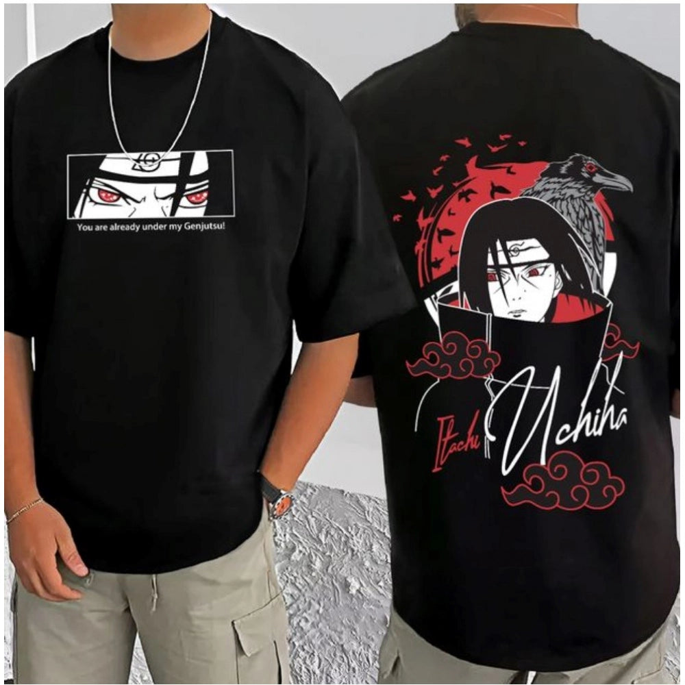 Men's Casual Cotton Blend Printed Round Neck Half Sleeve T-Shirt (Black)